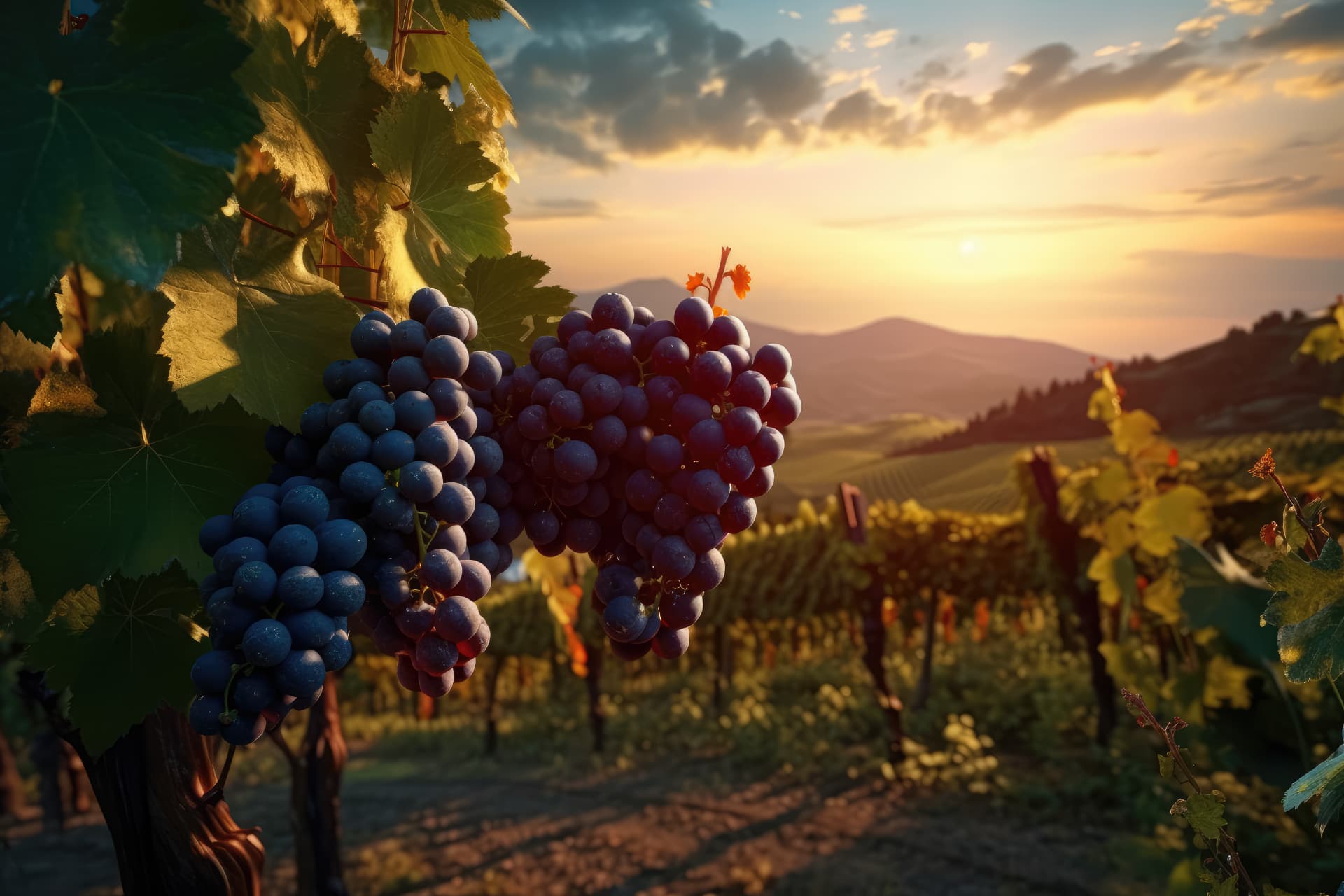 Racimos de uva Cabernet Sauvignon al atardecer en el viñedo